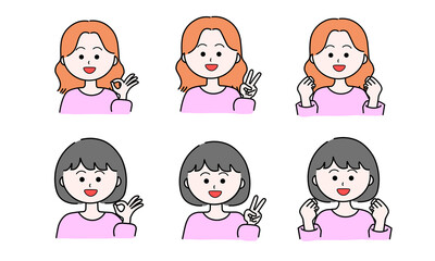 笑顔の女性イラストセット／OK／ピース／ガッツポーズ