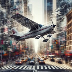 Fragmented A mini aircraft flying through the city with multiple
