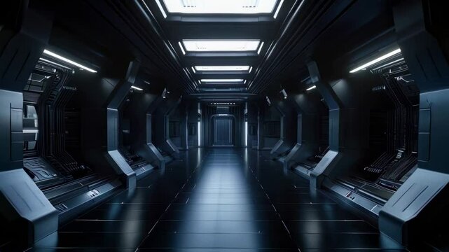Dark futuristic corridor in spaceship, spacecraft metal interior with low light. Concept of garage, future, space, industrial room. 