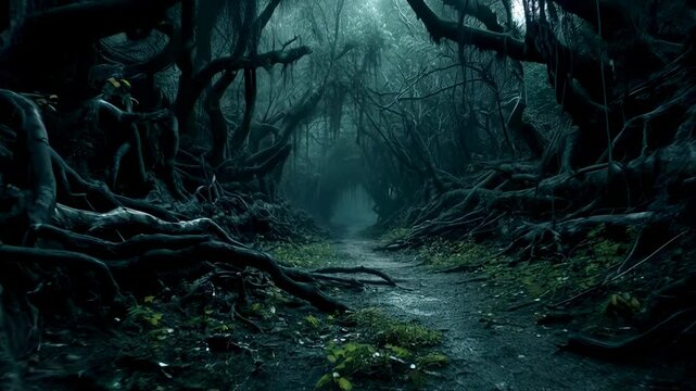 Scary forest at night, dry crooked trees and path in dark fairytale wood, landscape with spooky black fairy tale plants at night. Concept of nature, horror. 