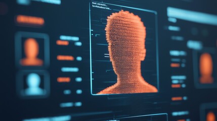 A digital representation of a human figure with a textured surface, displayed on a futuristic interface, emphasizing technology and innovation in visual design.