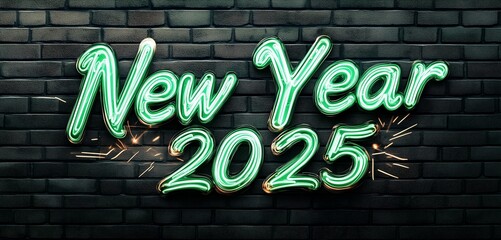 Sleek Green Neon Script New Year 2025 on a Black Brick Wall Surface