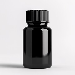 Realistic mock up black bottles for drugs, tablets. 3d Plastic blank medical containers isolated on white background. Vector illustration