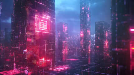 A glowing neon square embedded in a futuristic cityscape, symbolizing high-tech innovation and digital systems.