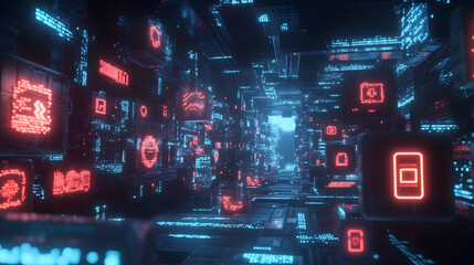 A high-tech digital environment with glowing red and blue systems representing data transfer and futuristic networking.