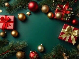Christmas Eve concept. Top view photo of gift boxes with ribbon bows green red baubles gold star ornaments and pine branches on isolated green background with copyspace in the middle. Space for text ,