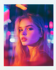 Young woman portrayed in urban night settings, framed in white.