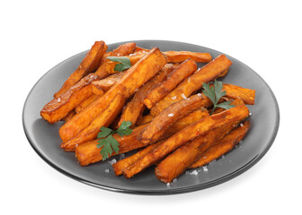 Delicious sweet potato fries with spices isolated on white