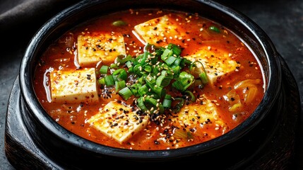 Delicious spicy tofu stew preparation kitchen food cozy environment close-up shot comforting dish for all