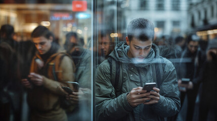A candid urban scene capturing the modern reliance on technology, featuring a young man intently using his smartphone. The reflective glass separates him from a blurred crowd