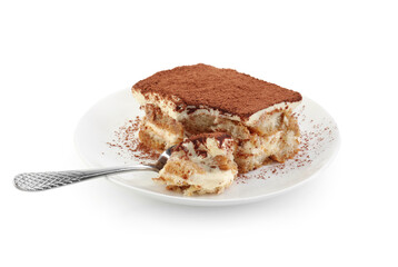 Piece of tasty tiramisu isolated on white