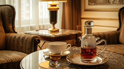 in-room amenities, in the deluxe room, a small table held a whiskey bottle, a crystal glass with ice and whiskey, and a cup of strong coffee