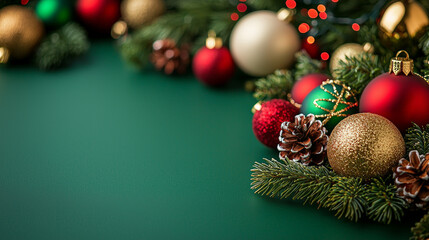 A festive arrangement of golden, green, red, and white Christmas decorations scattered elegantly on the floor, set against a clean Christmas-green background. Generative AI