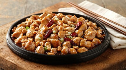 Obraz premium Delicious chicken stir-fry asian restaurant food cozy atmosphere close-up culinary delight for food lovers