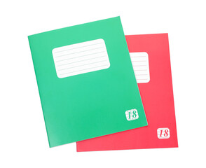 Colorful copybooks isolated on white, top view. School stationery