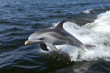 Dolphin leaps joyfully above ocean waves on a sunny day