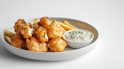 Fototapeta premium A plate of crispy fried fish served with golden fries and a creamy dipping sauce, showcasing a delicious meal perfect for seafood lovers.