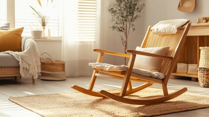 Wooden Rocking Chair in Inviting Living Room, a finished wooden rocking chair enhances the warmth of a cozy living room, surrounded by soft furnishings and inviting decor