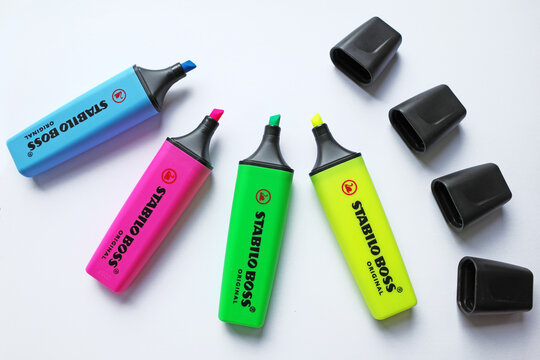 Itterbeck, Germany - Oct 12 2024 Open stabilo boss highlighters in 4 colors: yellow, green,  pink, blue.  Isolated on white background, top view