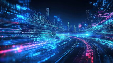 A vibrant, abstract representation of a futuristic cityscape illuminated by colorful lights and digital data streams, suggesting motion and technology.
