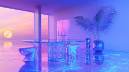 A modern dining area with a glass table, stylish stools, and vibrant blue and pink lighting, overlooking a serene sunset by the water.
