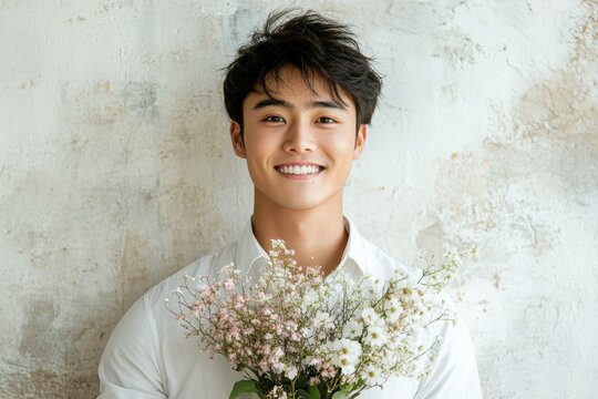 portrait photography, a happy young asian man holds a flower bouquet, smiling against a white wall