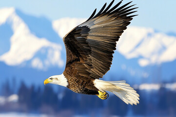 Obraz premium Majestic bald eagle soaring over snowy mountains at sunrise