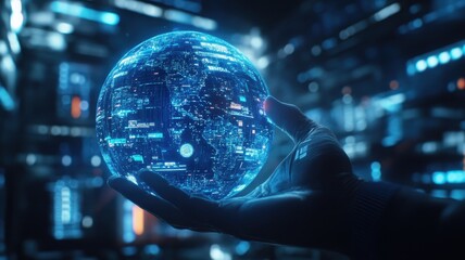 A glowing, digital globe is held in a hand, set against a backdrop of futuristic technology and circuitry.