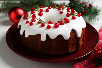 Traditional Christmas cake decorated with currants and rosemary on white table, closeup