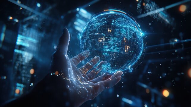 A hand reaches out to a glowing, holographic globe in a futuristic, digital environment, symbolizing technology and connectivity.