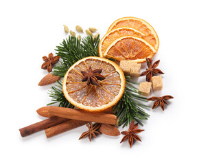 Different aromatic spices isolated on white. Christmas season