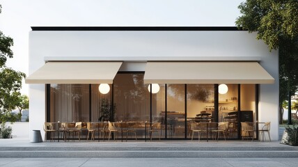 A modern cafe exterior featuring large windows, beige awnings, and a minimalist design surrounded by greenery.