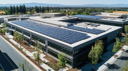 Aerial view of modern building with solar panels on roof.