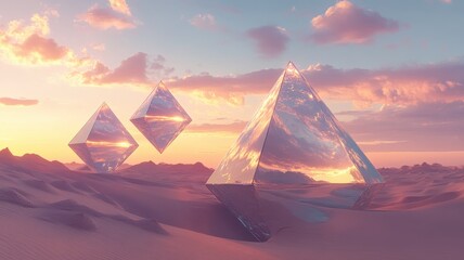 A surreal landscape featuring three transparent pyramids against a colorful sunset, set in a sandy desert.