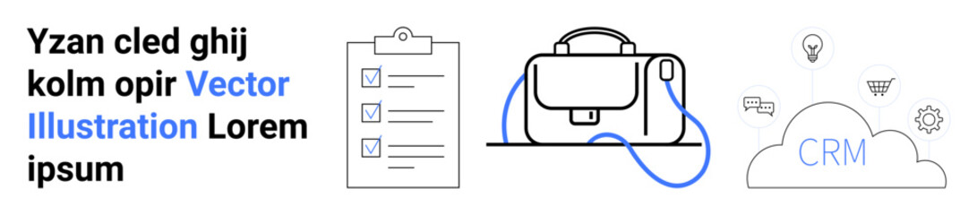 Clipboard with checklist, briefcase, cloud labeled CRM with icons. Ideal for business solutions, organization, task management, office tools, workflow, productivity apps, project planning. Landing