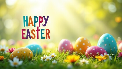 Colorful Easter eggs and flowers on grass with "HAPPY EASTER" text. Vibrant spring scene with decorated eggs, daisies, and green landscape. Joyful whispers of spring: a kaleidoscope of color and festi