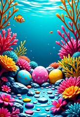 Underwater Easter Eggs Cartoon Vaporwave Coral Reef Fish Decorative Background