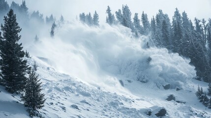 A powerful avalanche cascades down a snowy mountain slope, surrounded by towering evergreen trees, creating a dramatic winter landscape.