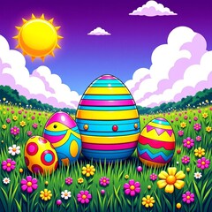 Colorful Cartoon Easter Eggs in Grassy Meadow with Flowers, Sunny Day, Vaporwave Style, Copy Space for Text