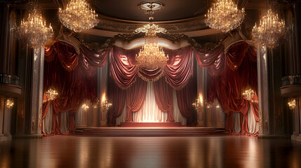 A theater-style room with rich red velvet curtains, crystal chandeliers, and soft ambient lighting creating a dramatic and intimate stage-like setting.