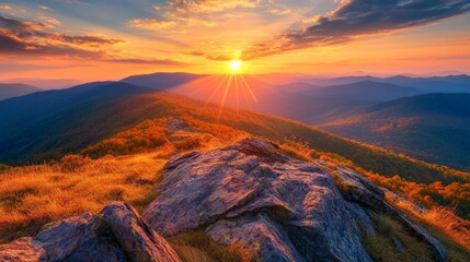 Obraz premium Serene Mountain Sunset, tranquil evening hues illuminate the sky, inviting exploration and adventure, a perfect backdrop for nature enthusiasts and wanderers.