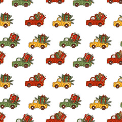 Hand drawn trucks carrying Christmas trees and gifts in a cheerful pattern vector illustration