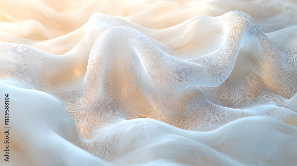 Wall mural wavy mesh-like fabric in soft pastel tones illuminated by gentle golden highlights, creating a dynam