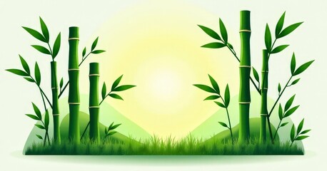 Obraz premium A serene bamboo grove with lush green leaves and soft sunlight in the background