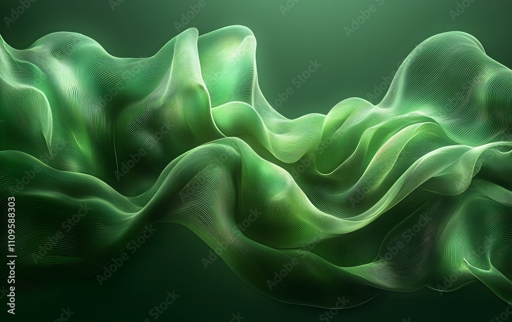 Wall mural whimsical swirling green silk-like patterns blending into a dark green abstract background