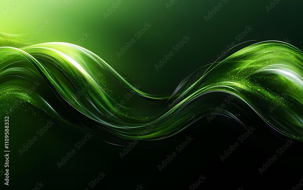 Wall mural dynamic and vivid green light streaks forming wave patterns with glowing particles on a deep green b