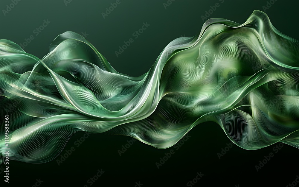 Canvas Prints flowing abstract green fabric-like waves with fine lines on a dark green gradient background