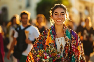 Obraz premium portrait photo people of cheerful woman with colorful scarf walking at front of small group