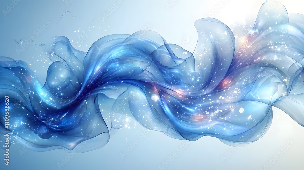 Canvas Prints dynamic flowing blue ribbon-like waves with sparkling light particles on a gradient light blue backg