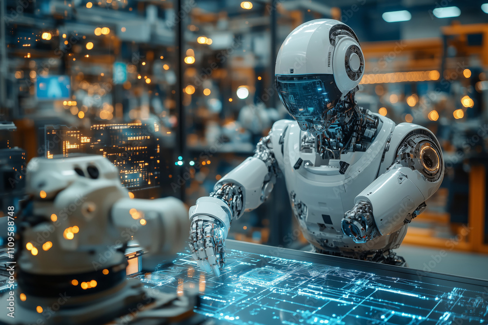 Poster Futuristic CNC workshop featuring advanced robotic arms in action